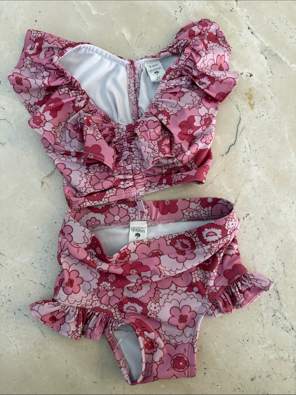 kate quinn Pink Floral Ruffle Two-Piece Swim Set T2